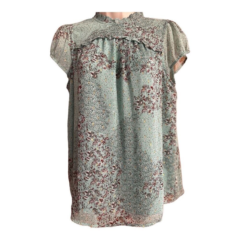 Joie Mint Green Metallic Gold Flecks Floral Short Ruffle Sleeve Keyhole Blouse